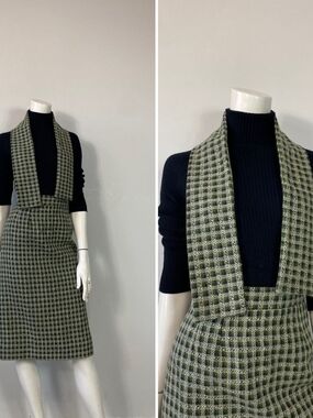 Vintage Green Plaid Knit Skirt With Matching Scarf (S)